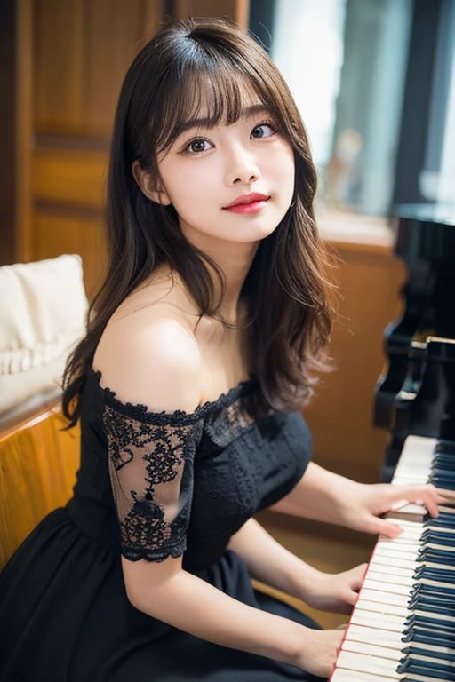 A beautiful AI-generated woman with long brown hair and bangs, wearing an off-the-shoulder black lace dress, plays the piano indoors.