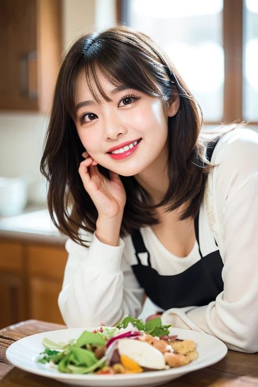 A smiling young woman with brown hair and bangs, wearing a white blouse and black apron, poses with a plate of salad in an indoor setting.