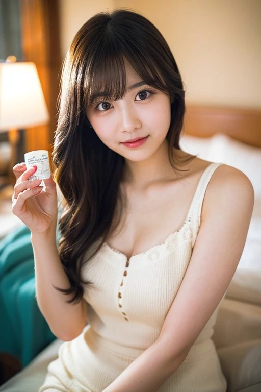 A beautiful AI-generated woman with long brown hair, wearing a cream-colored knit top, holding a small cosmetic container and looking at the camera with a gentle smile in a bedroom setting.