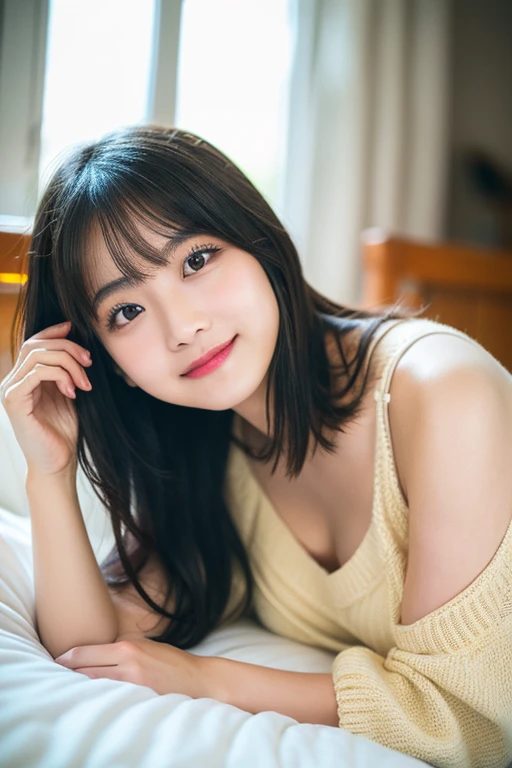 A beautiful AI-generated woman with long black hair and bangs, wearing a yellow knit top, lying on a bed indoors and smiling.