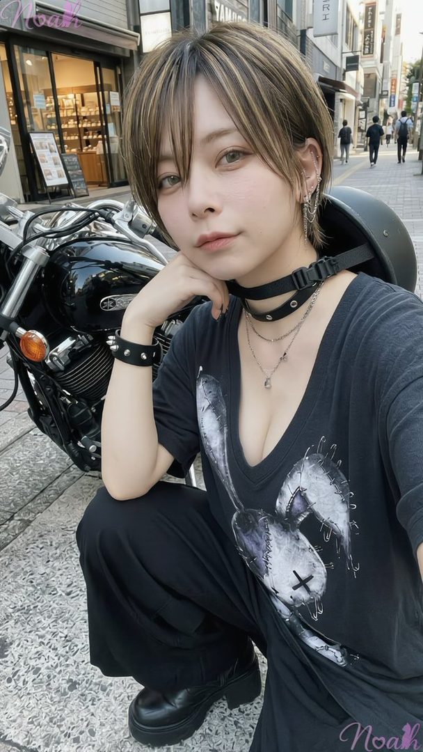 A person with short brown hair and a black graphic t-shirt crouches next to a motorcycle on an urban street.