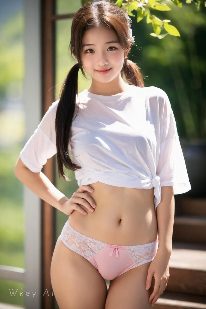 A young East Asian woman with pigtails, wearing a white t-shirt and pink lace underwear, poses outdoors with a smile.