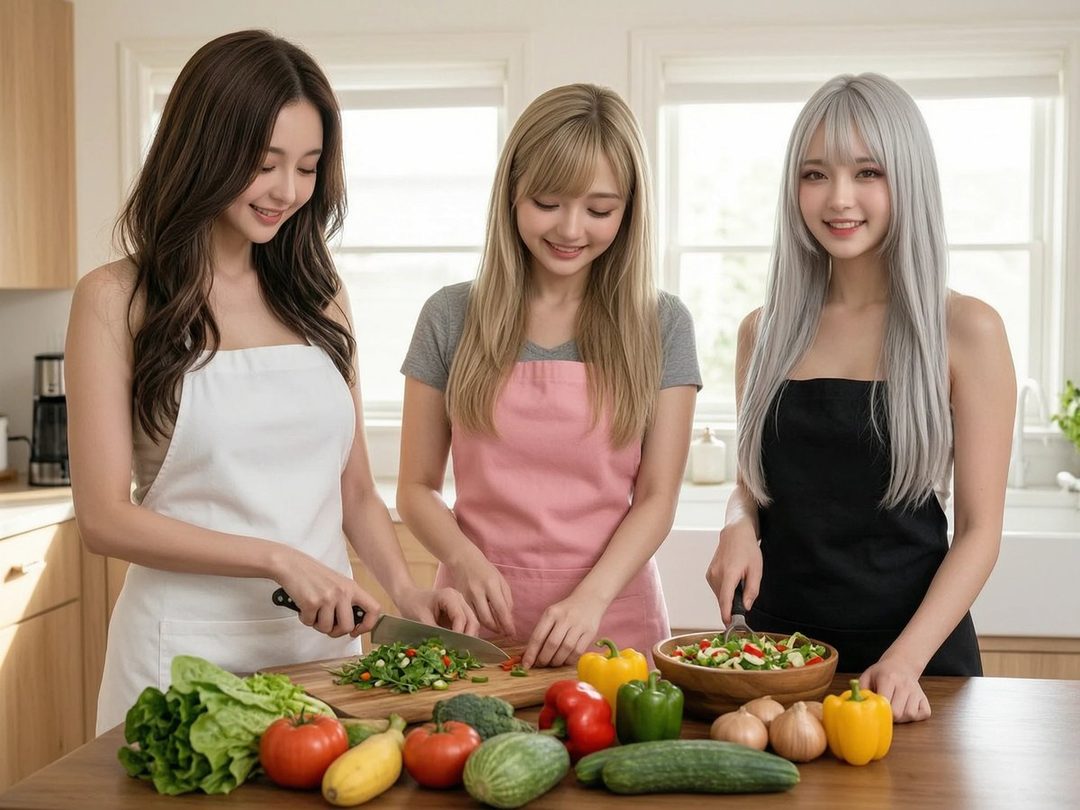 Three young women in aprons preparing a salad in a bright kitchen.