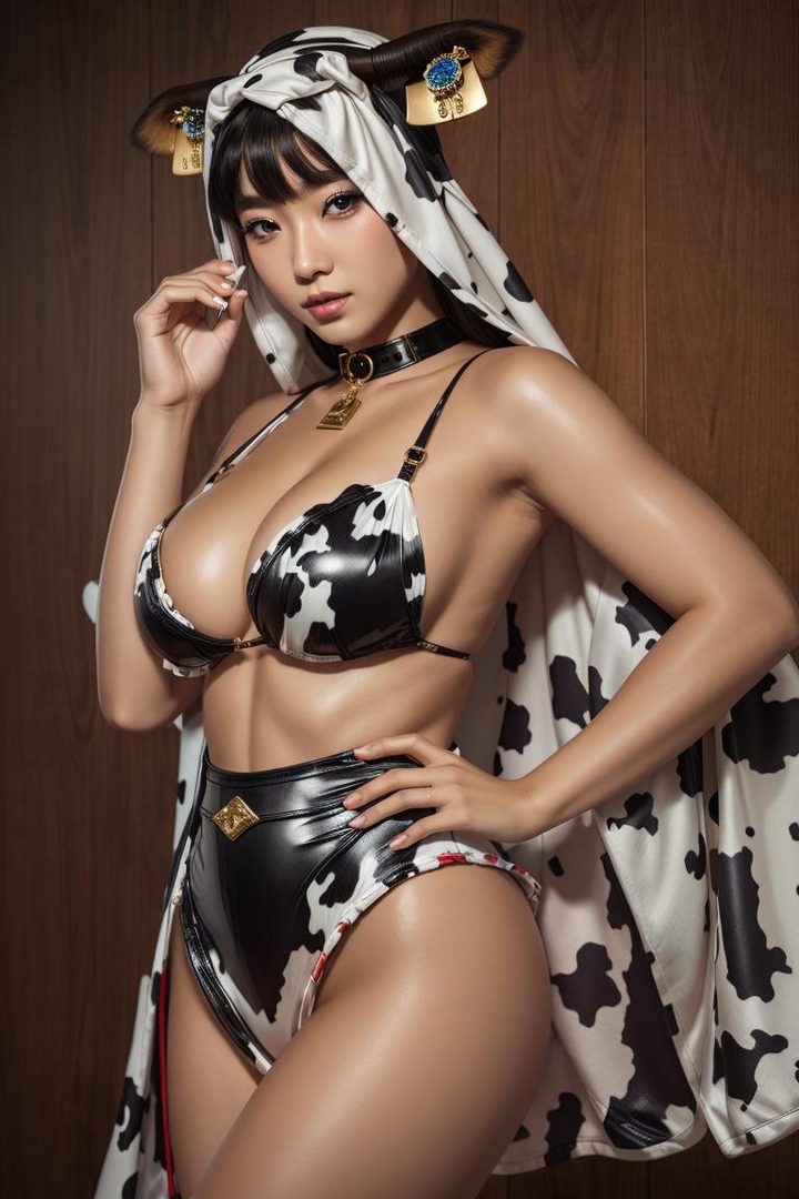 A photorealistic AI-generated portrait of a woman in a cow-print bikini and matching headwear, posing indoors.