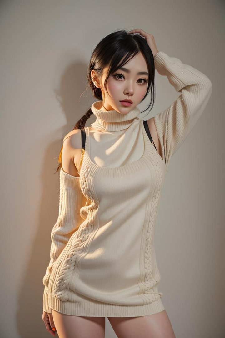 A young East Asian woman with black hair in a ponytail, wearing a cream-colored off-the-shoulder knit sweater, poses indoors with her hand on her head.