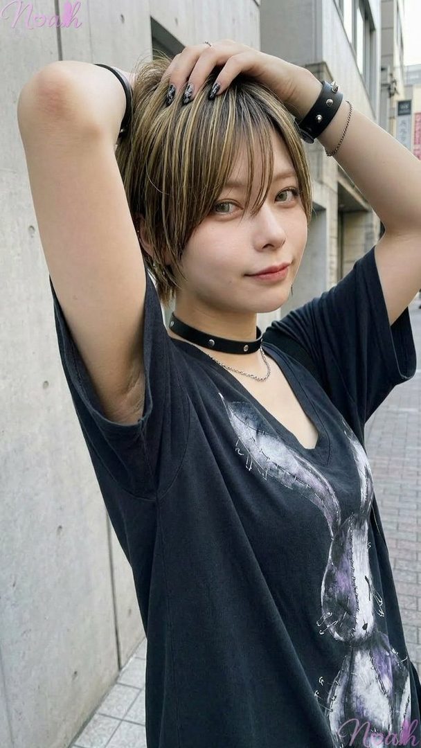 A young woman with short brown hair and highlights, wearing a black t-shirt with a graphic and a choker, poses outdoors with her hands on her head.