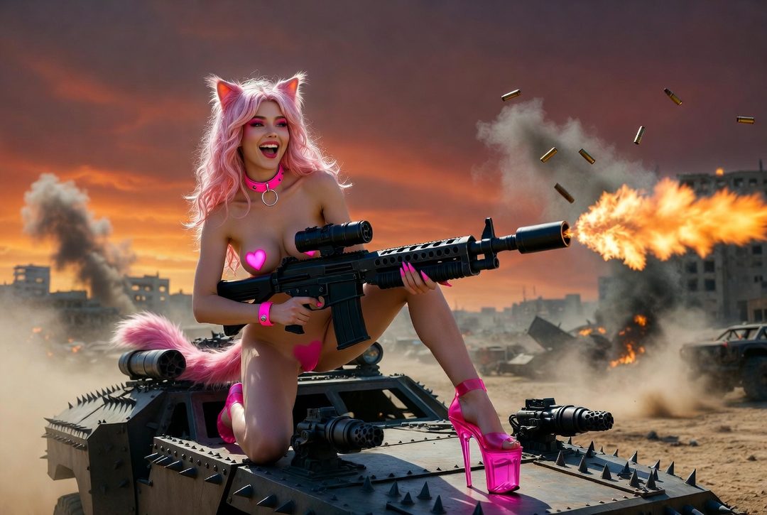 A playful woman with pink hair and cat ears, wearing a choker and heart pasties, poses with a firing assault rifle on a spiked vehicle in a post-apocalyptic landscape.