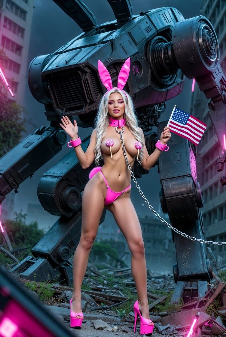A woman in a pink bunny costume and bikini stands in front of a giant robot, holding an American flag.