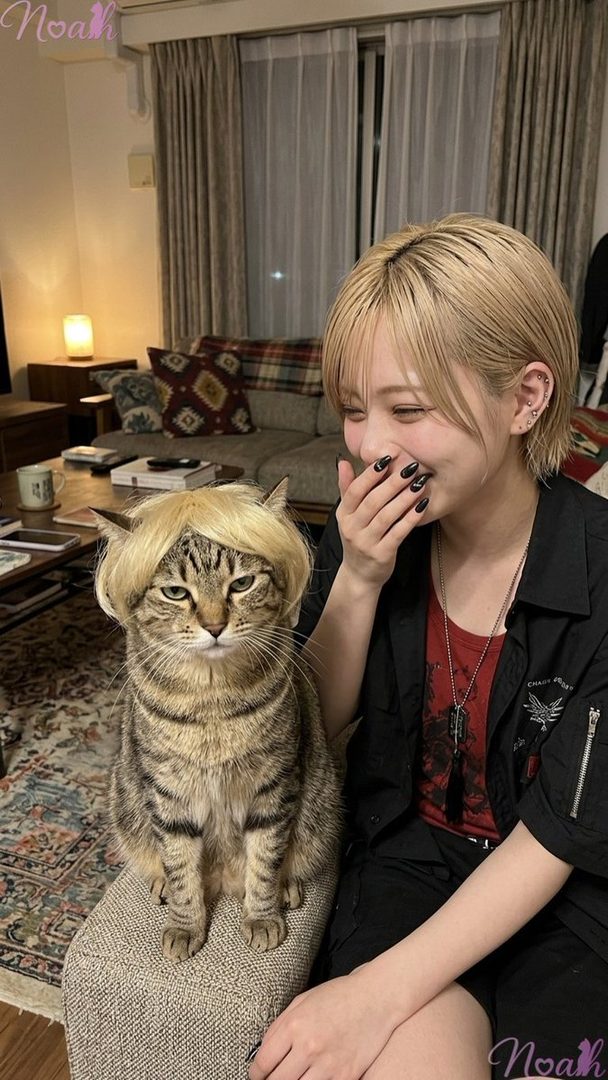 A person with short blonde hair and a black jacket laughs while a tabby cat wearing a blonde wig sits beside them in a cozy indoor setting.
