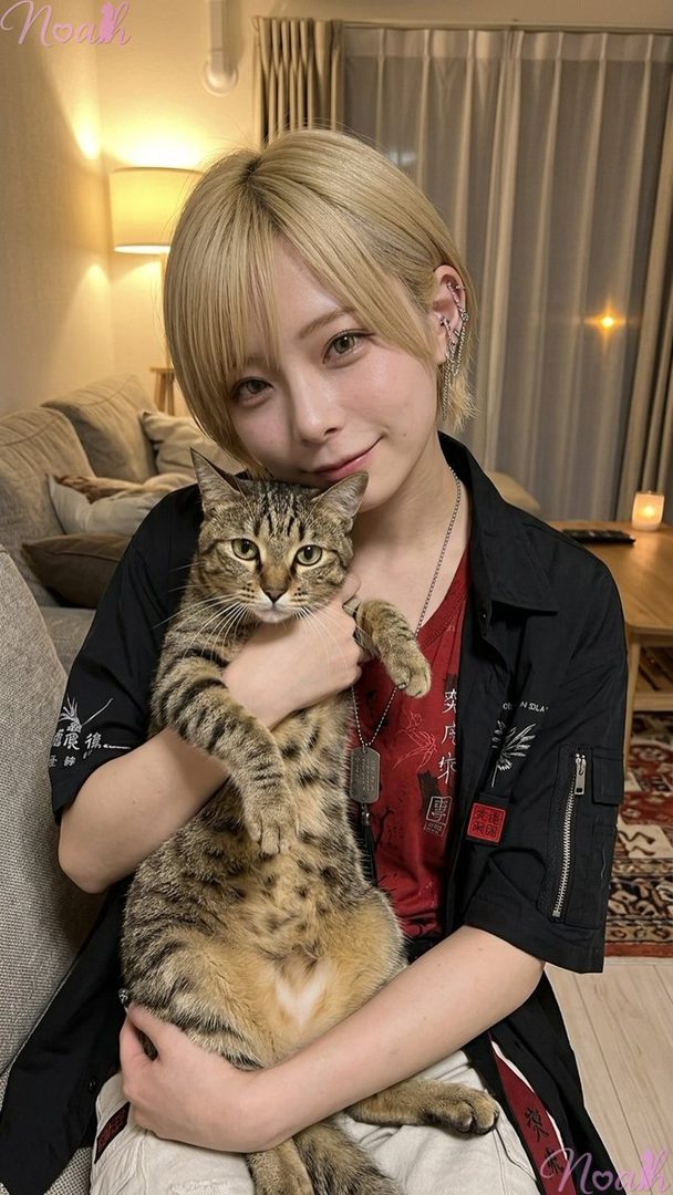 A person with short blonde hair and a red t-shirt under a black jacket holds a tabby cat in a cozy indoor setting.