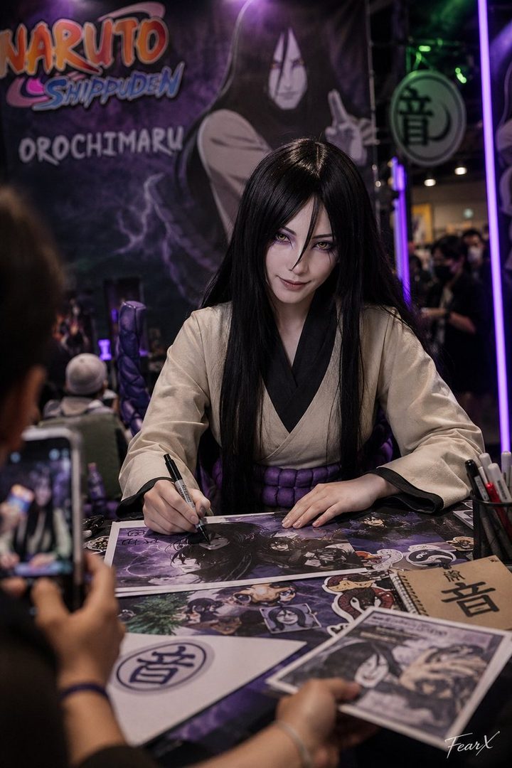 A cosplayer dressed as Orochimaru from Naruto Shippuden is signing autographs at a convention.