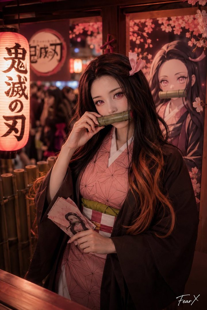 A woman in a pink kimono and dark brown haori, dressed as Nezuko Kamado from Demon Slayer, holds a bamboo muzzle and a small picture of the character.