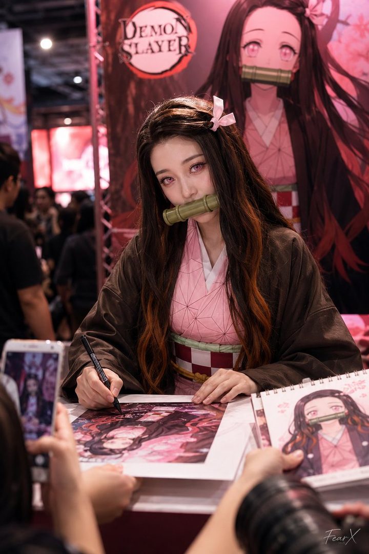 A cosplayer dressed as Nezuko Kamado from Demon Slayer, posing for a photo while signing autographs.