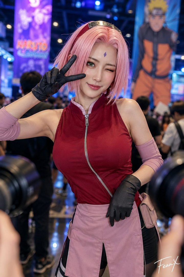 A woman in a Sakura Haruno cosplay from Naruto, posing with a peace sign and winking.