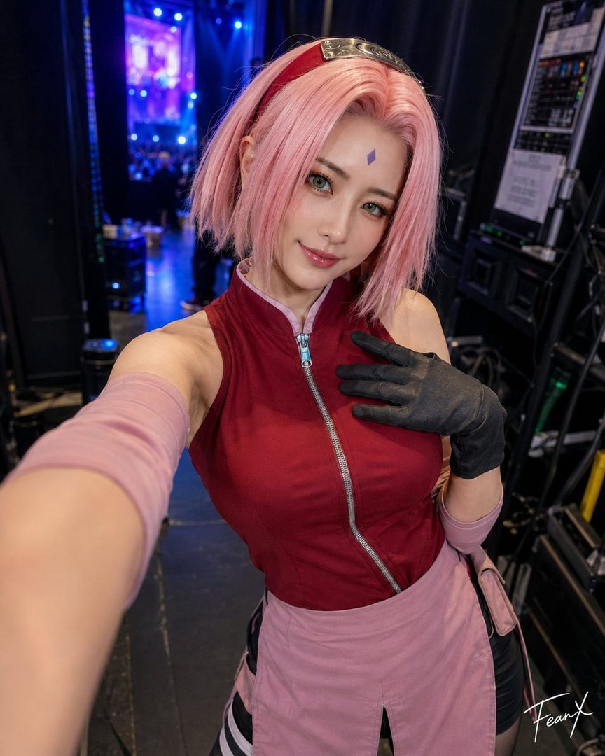 A woman in a Sakura Haruno cosplay, with pink hair and green eyes, posing for a selfie indoors.