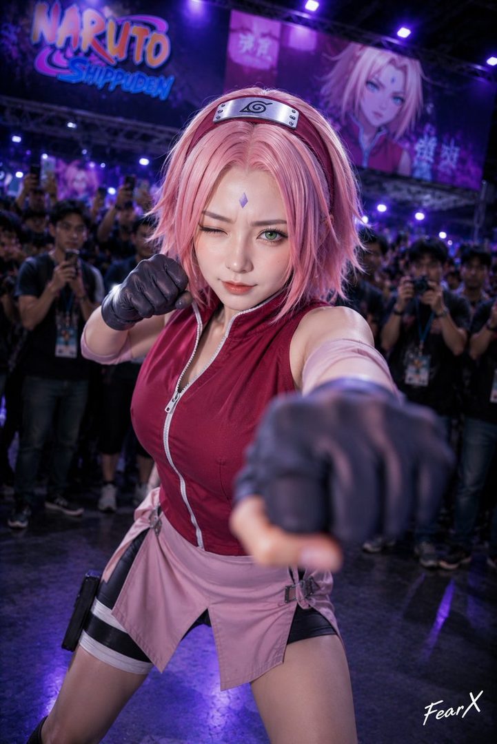 A cosplayer dressed as Sakura Haruno from Naruto Shippuden poses with a determined expression and a fist forward, at a convention.