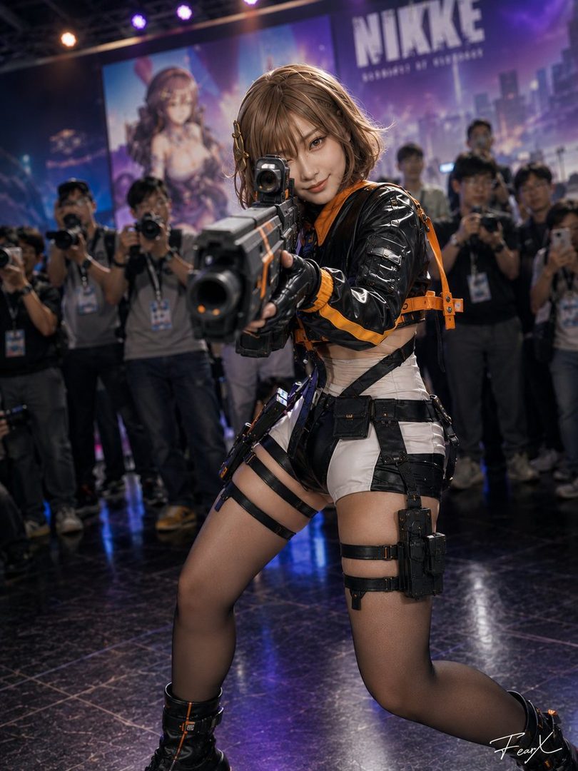 A cosplayer dressed as a character from the game Nikke, holding a futuristic rifle and posing for photos at an event.