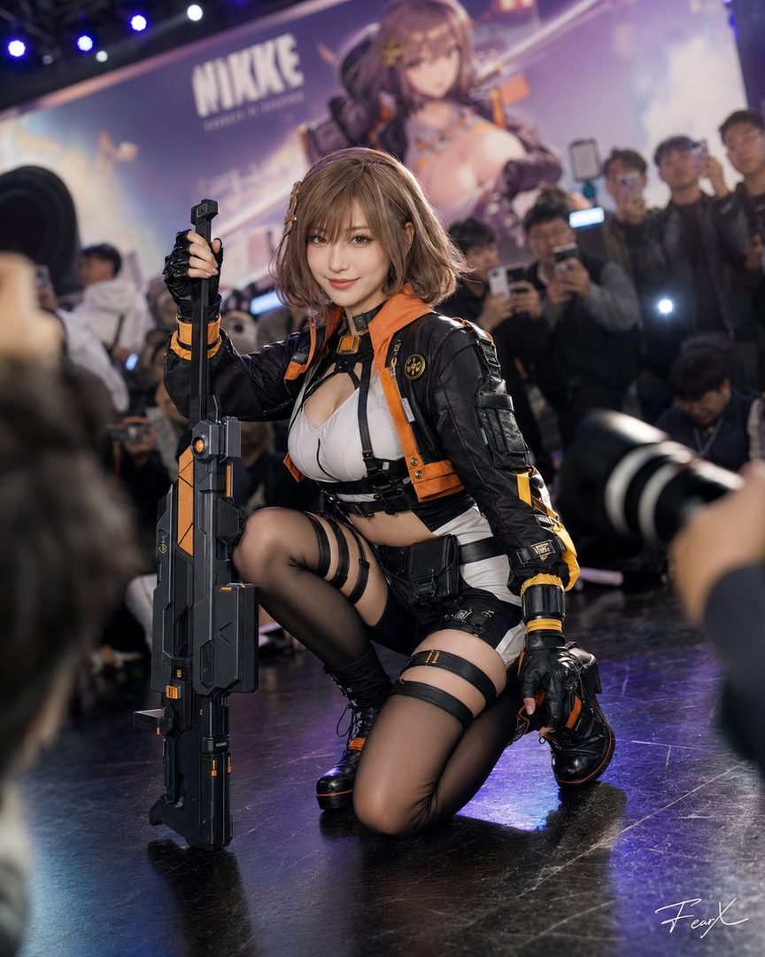 A cosplayer dressed as a character from the game Nikke, posing with a prop rifle.