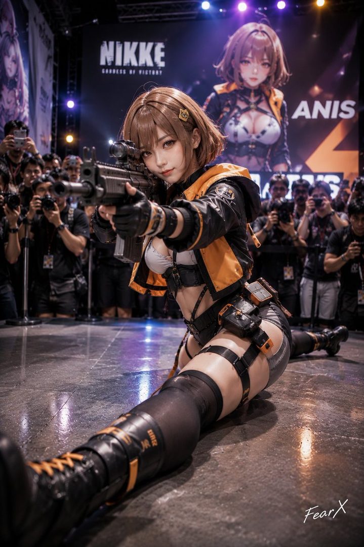 A woman in a tactical outfit, posing with a rifle at an event, with a large screen displaying 'NIKKE: GODDESS OF VICTORY' in the background.