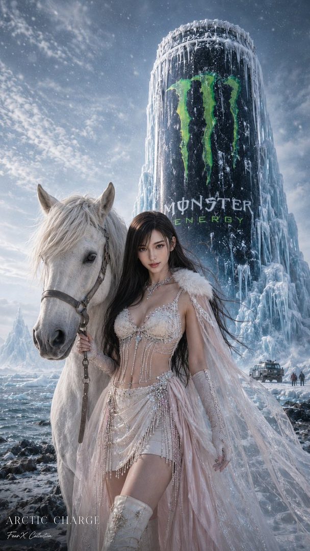 A beautiful woman in a sparkling white outfit stands next to a white horse in a snowy landscape, with a giant frozen Monster Energy can in the background.