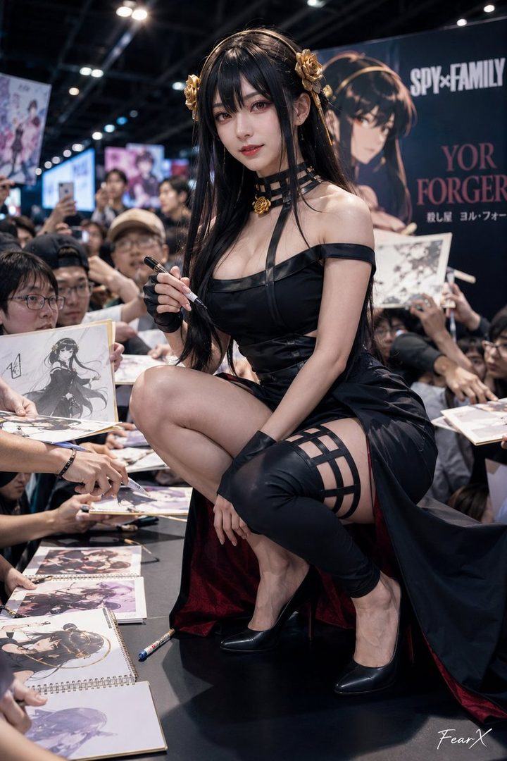 A cosplayer dressed as Yor Forger from Spy x Family poses for photos at an event, signing autographs for fans.