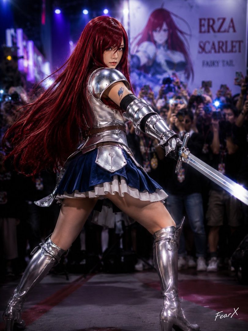 A cosplayer dressed as Erza Scarlet from Fairy Tail, holding a sword and wearing armor and a blue skirt, posing in front of a crowd.