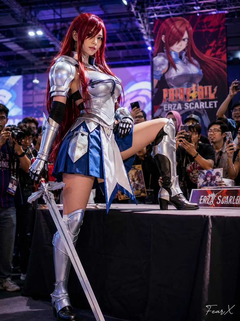 A woman in a detailed Erza Scarlet cosplay from Fairy Tail, posing with a sword at a convention.