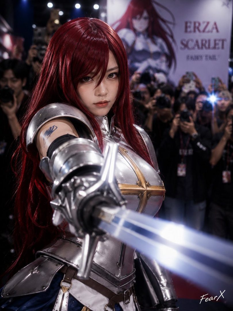 A cosplayer dressed as Erza Scarlet from Fairy Tail, holding a sword and looking at the camera.