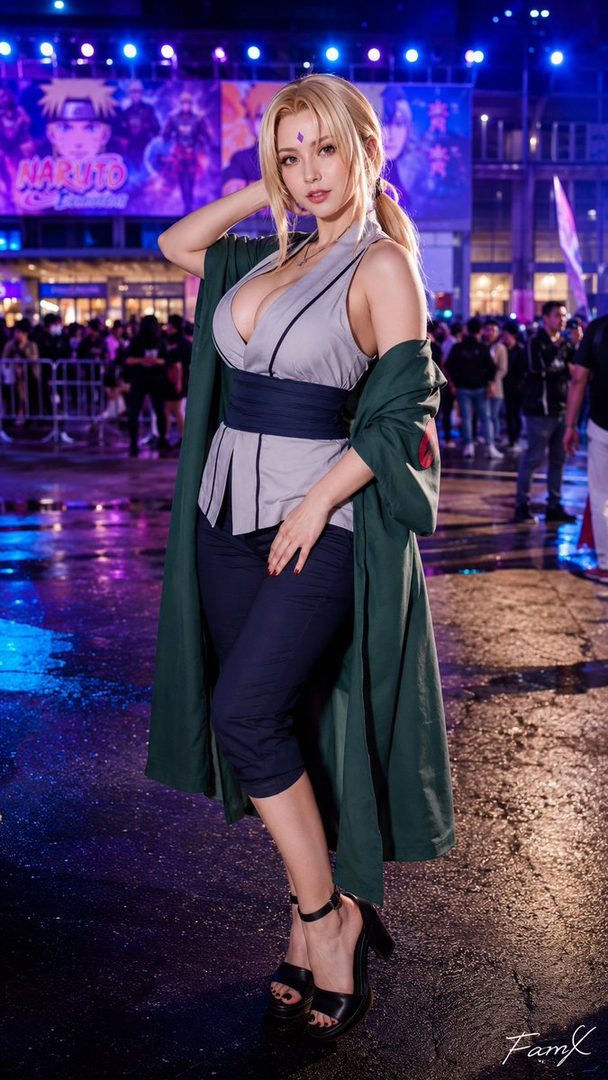 A woman in a Tsunade cosplay poses outdoors at night, with a Naruto banner in the background.