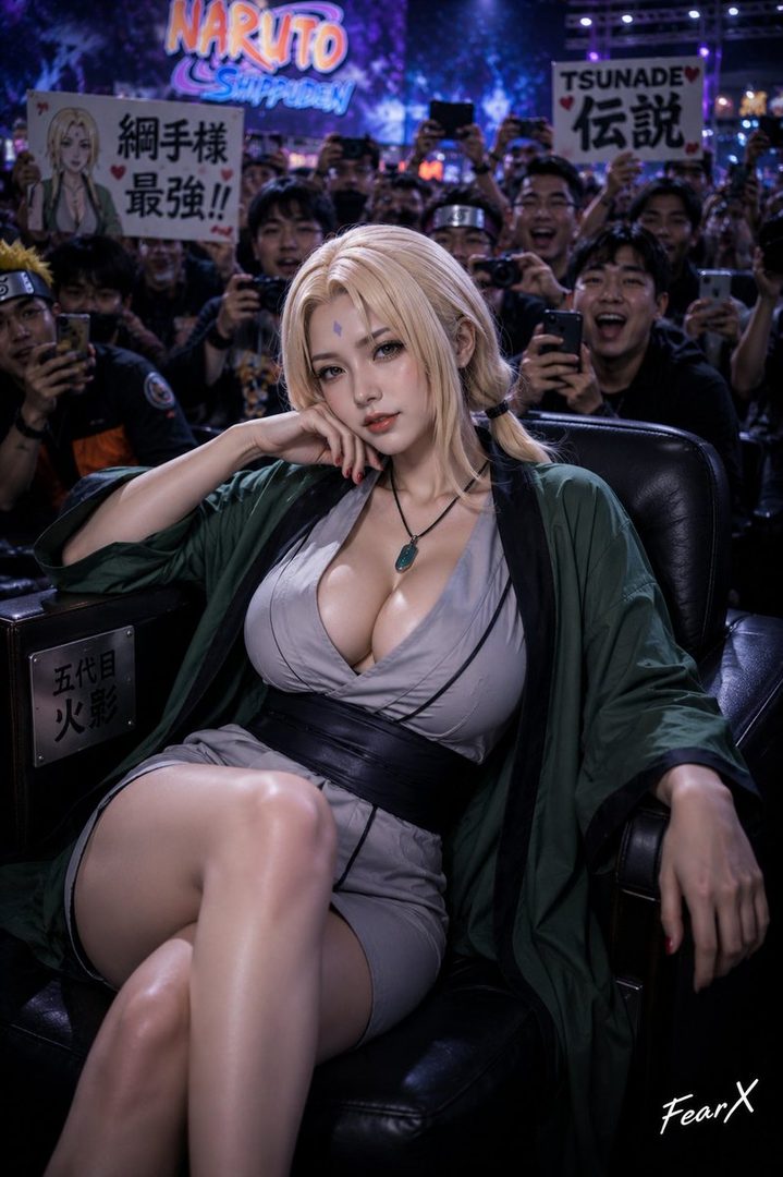 A woman dressed as Tsunade from Naruto Shippuden, posing in a chair with a crowd in the background.