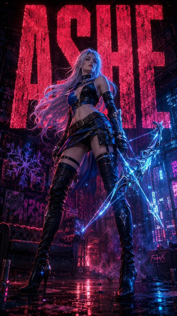 A woman with long white hair and a dark outfit, holding a glowing blue bow and arrow, stands in a neon-lit city at night.