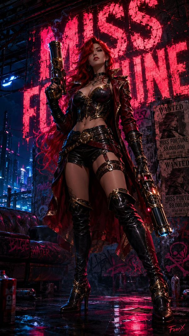 A woman with long red hair, dressed in a dark, revealing outfit with gold accents and holding two steampunk-style guns, stands in a dimly lit, urban-themed room with neon signs and wanted posters.