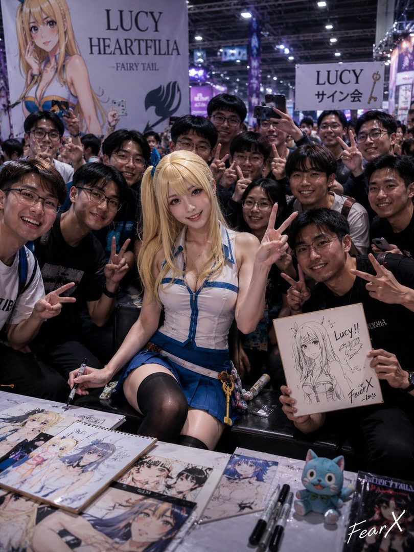 A cosplayer dressed as Lucy Heartfilia from Fairy Tail poses with fans at an event, holding a drawing of the character.