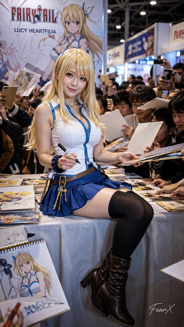 A cosplayer dressed as Lucy Heartfilia from Fairy Tail poses for photos at an event, signing autographs for fans.