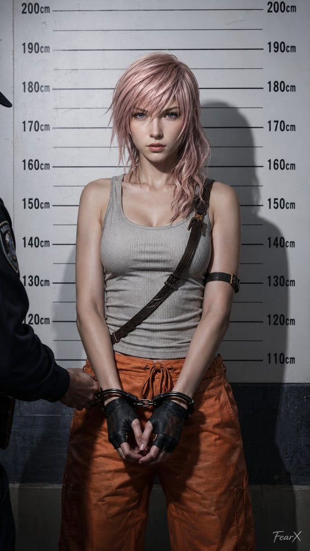 A woman with pink hair in a grey tank top and orange pants is being handcuffed in front of a height chart.
