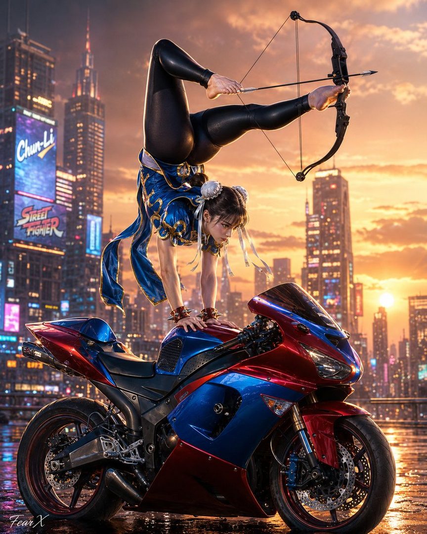 A woman dressed as Chun-Li from Street Fighter performs a handstand on a motorcycle, holding a bow and arrow, with a cityscape in the background at sunset.