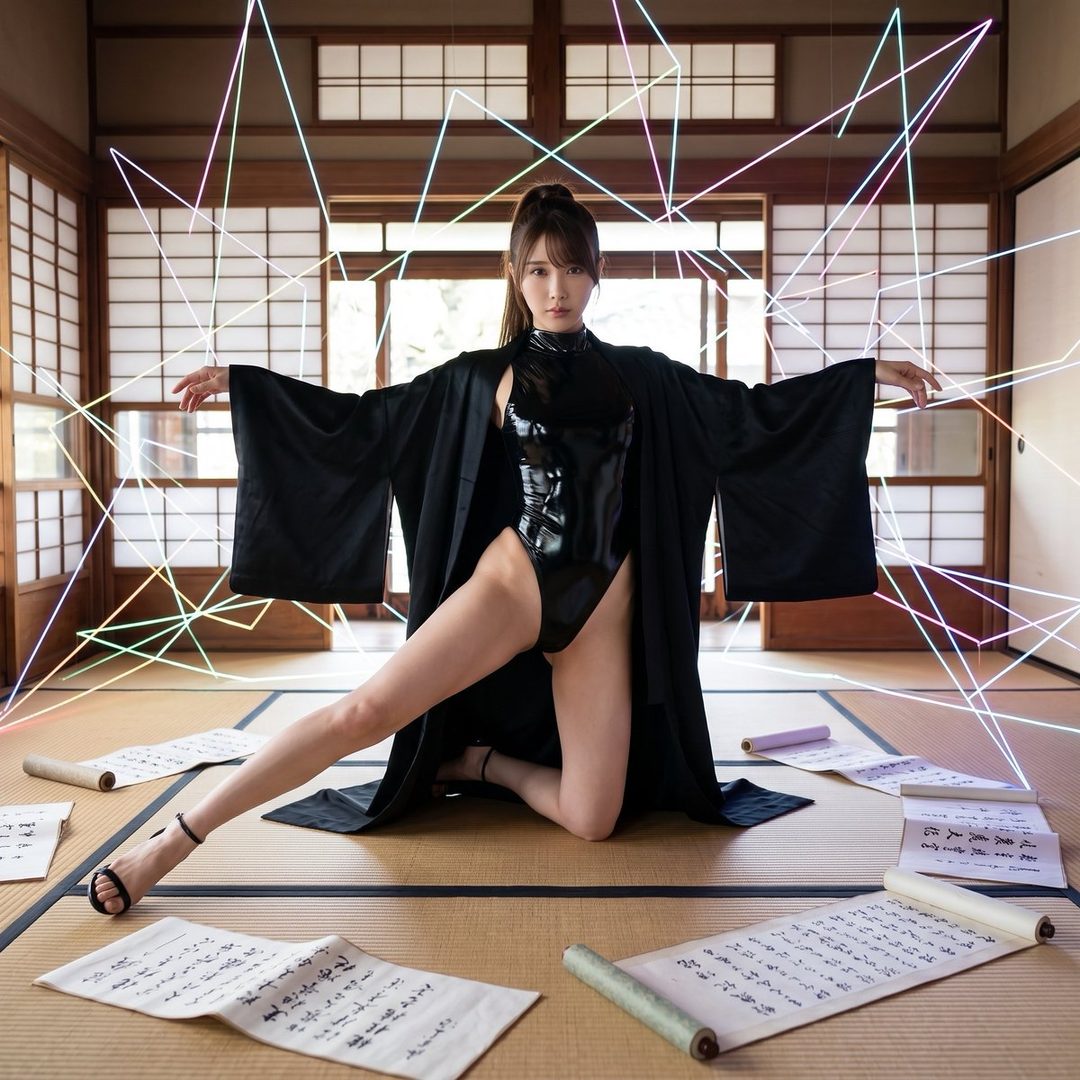 A woman in a black leotard and kimono poses in a traditional Japanese room with geometric light installations.