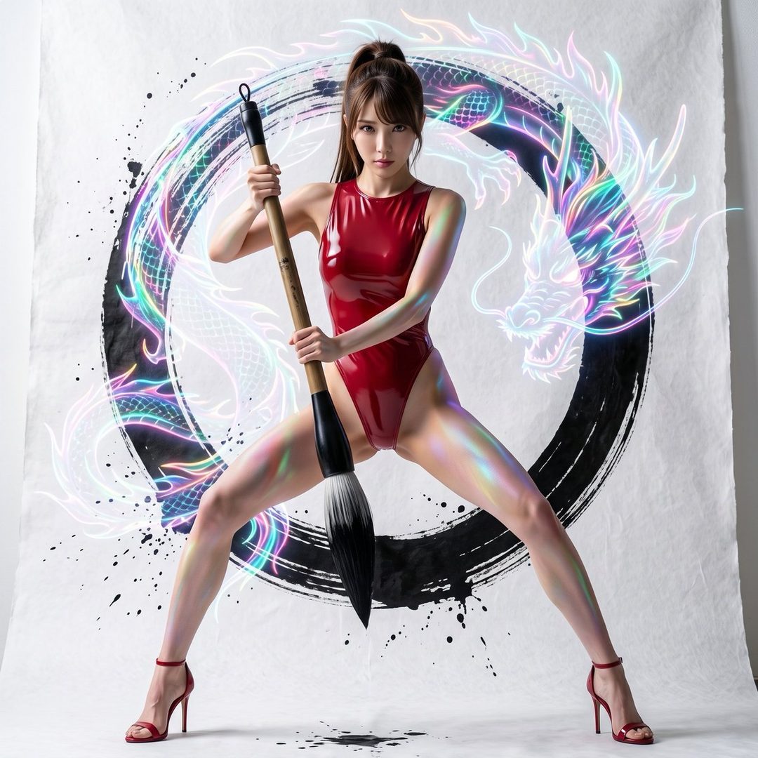 A woman in a red one-piece swimsuit holds a large calligraphy brush in front of a backdrop with a dragon painting.