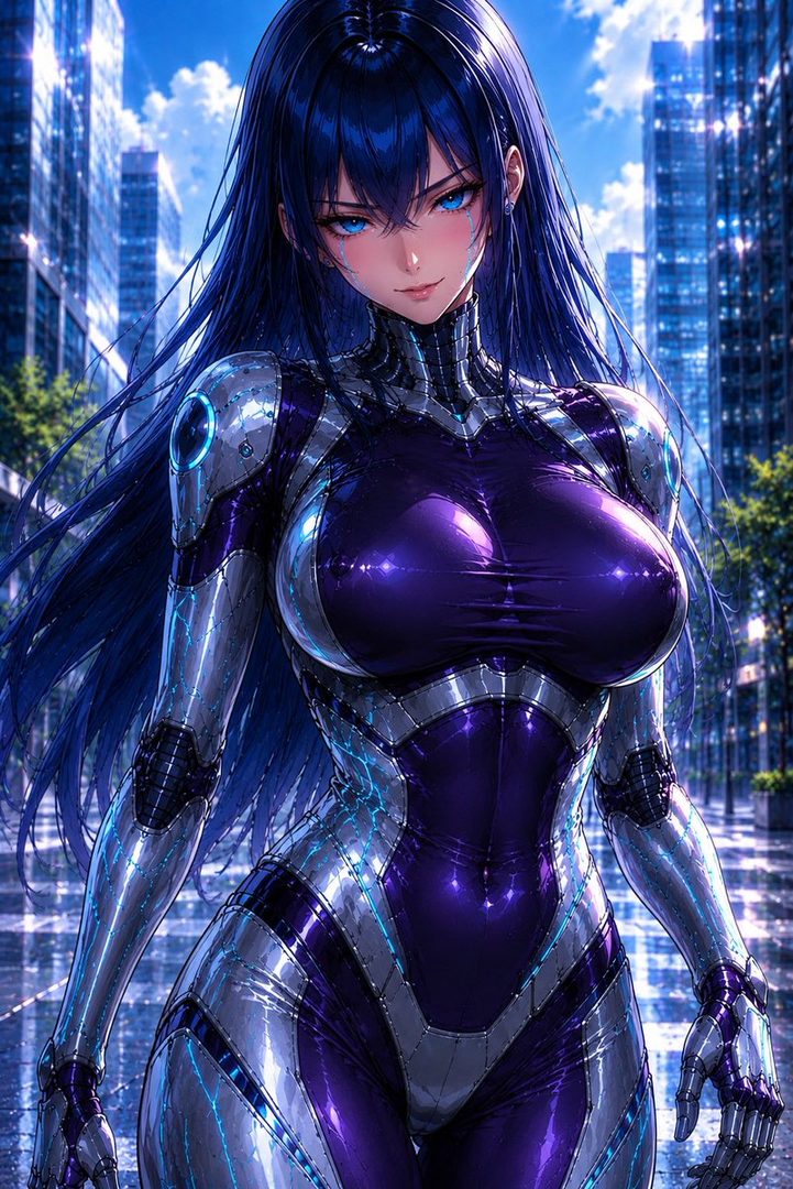 A futuristic AI woman with long blue hair and striking blue eyes, wearing a sleek purple and silver cybernetic suit, stands in a city street.