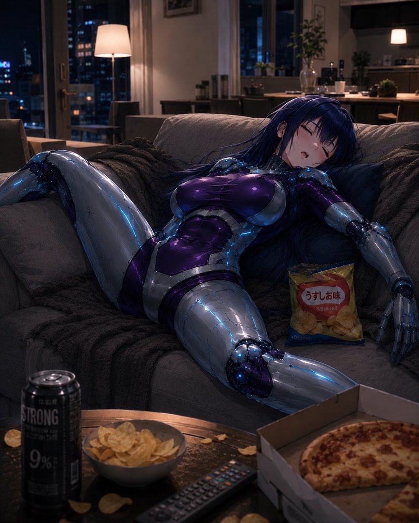 A photorealistic AI girl in a futuristic purple and silver suit sleeps on a couch with pizza, chips, and a can of soda nearby.