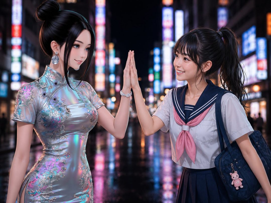Two young women, one in a shimmering qipao and the other in a school uniform, high-fiving on a city street at night.
