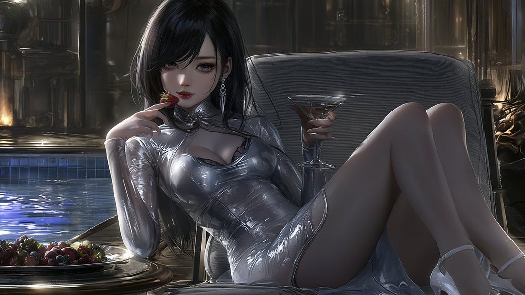 A photorealistic AI portrait of a woman with black hair, wearing a silver dress, holding a strawberry and a cocktail, sitting by a pool.