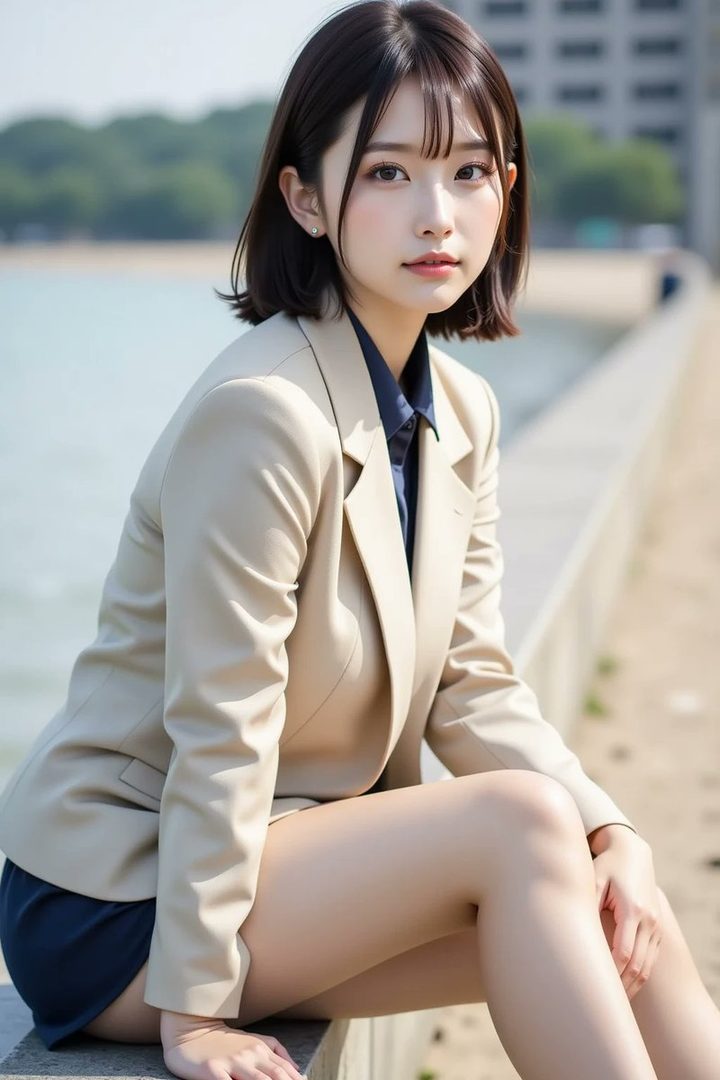 A young East Asian woman with short black hair, wearing a beige blazer and navy blouse, sits outdoors by the water.