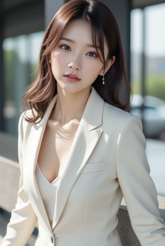 A beautiful East Asian woman with long brown hair, wearing a white blazer and a low-cut top, poses elegantly outdoors.