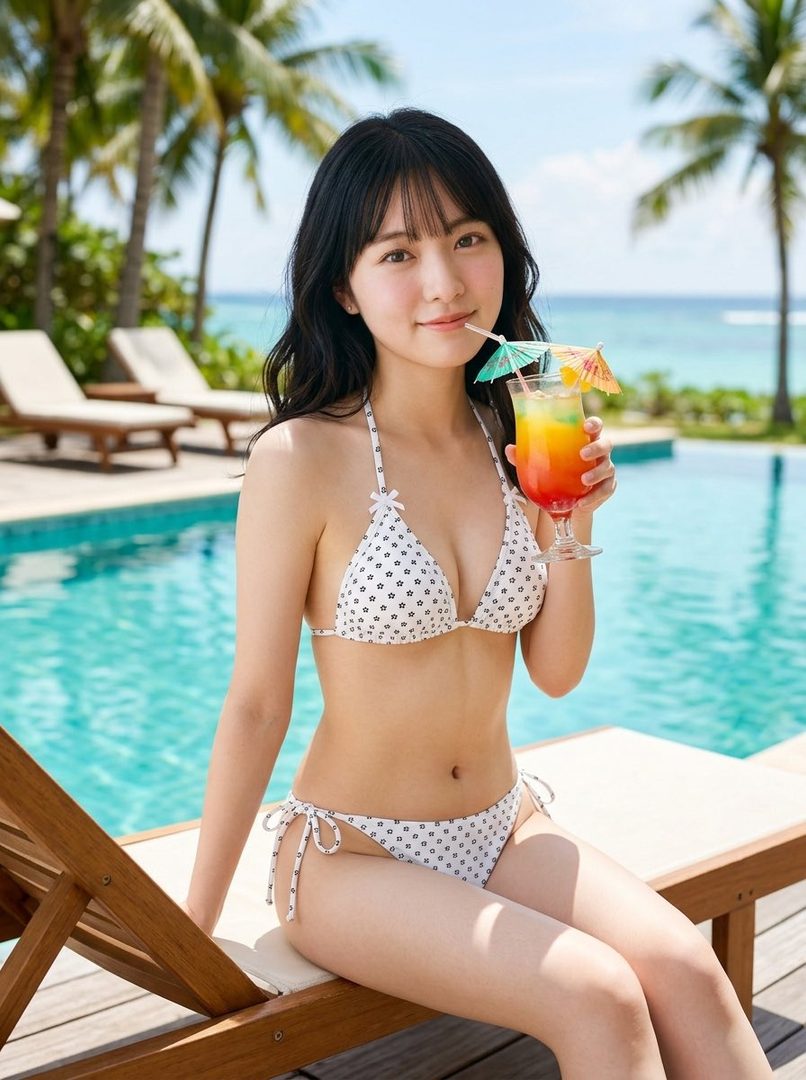 A young East Asian woman in a white polka dot bikini sits by a swimming pool with palm trees and the ocean in the background, holding a colorful cocktail.
