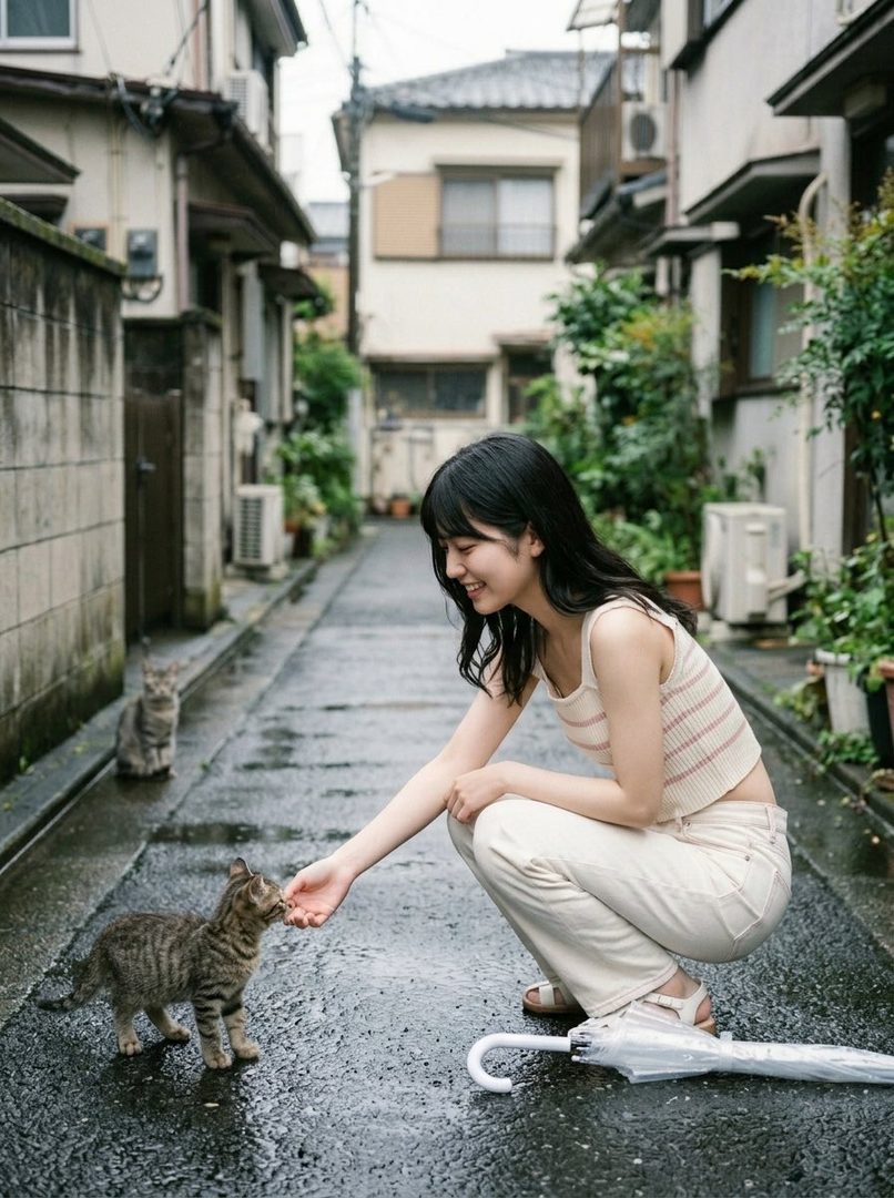 A young woman crouches down to pet a cat on a wet alleyway, with another cat in the background.