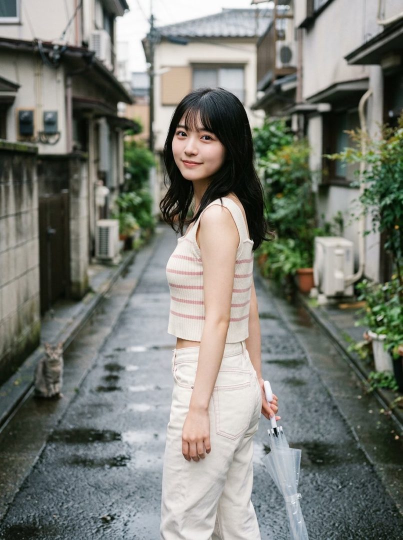 A young Japanese woman with long black hair smiles as she stands in a narrow, wet street, holding a clear umbrella.