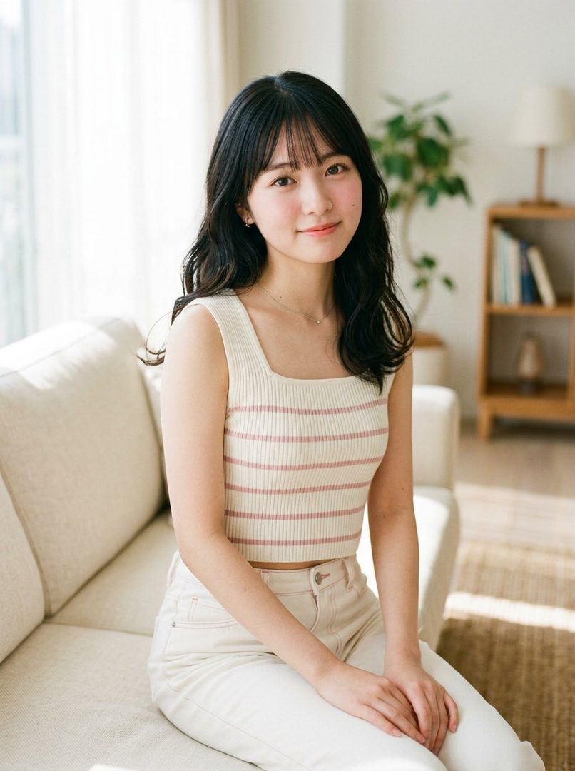 A young East Asian woman with long, dark, wavy hair and bangs, wearing a striped crop top and light-colored pants, sits on a sofa indoors.