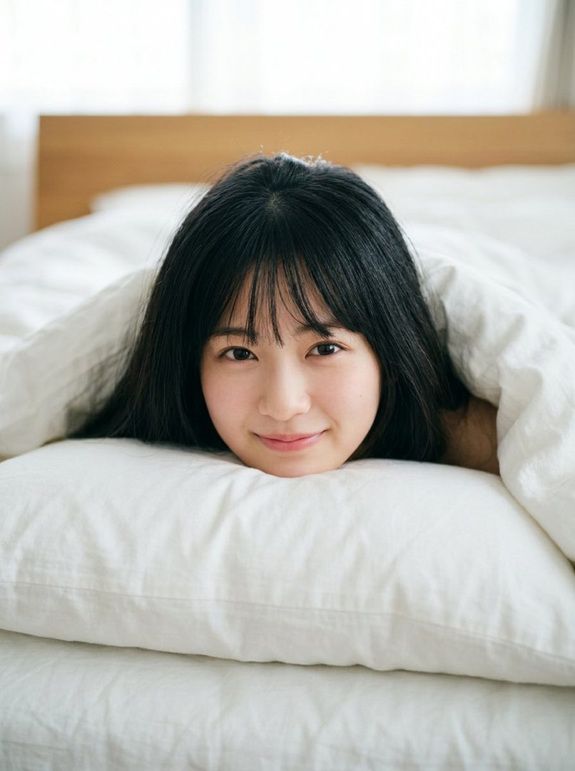 A young woman with long black hair and bangs lies in bed, peeking out from under the covers with a cute smile.