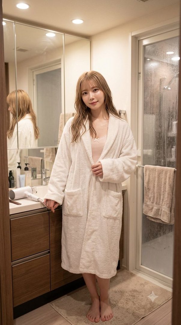 A young woman with blonde hair wearing a white bathrobe stands in a bathroom, smiling.